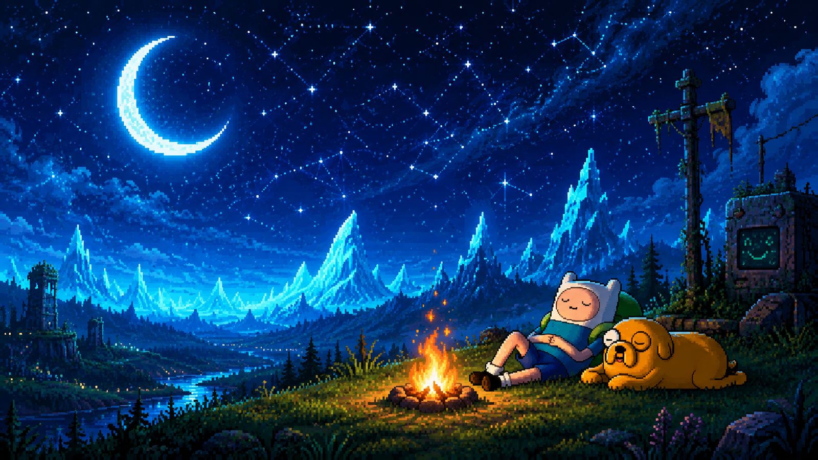 Retro Adventure Time Cozy Campfire Wallpaper