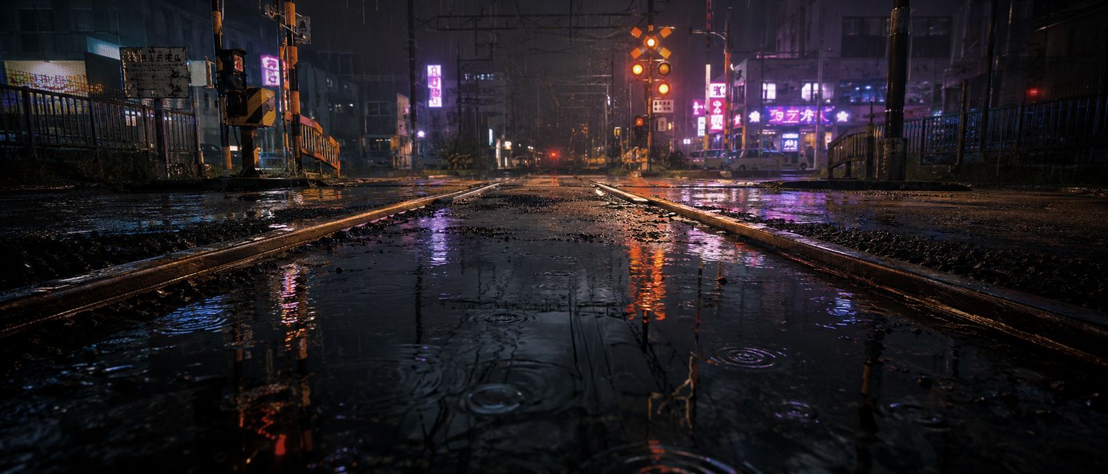 Rainy Tokyo Night Neon Railroad Crossing