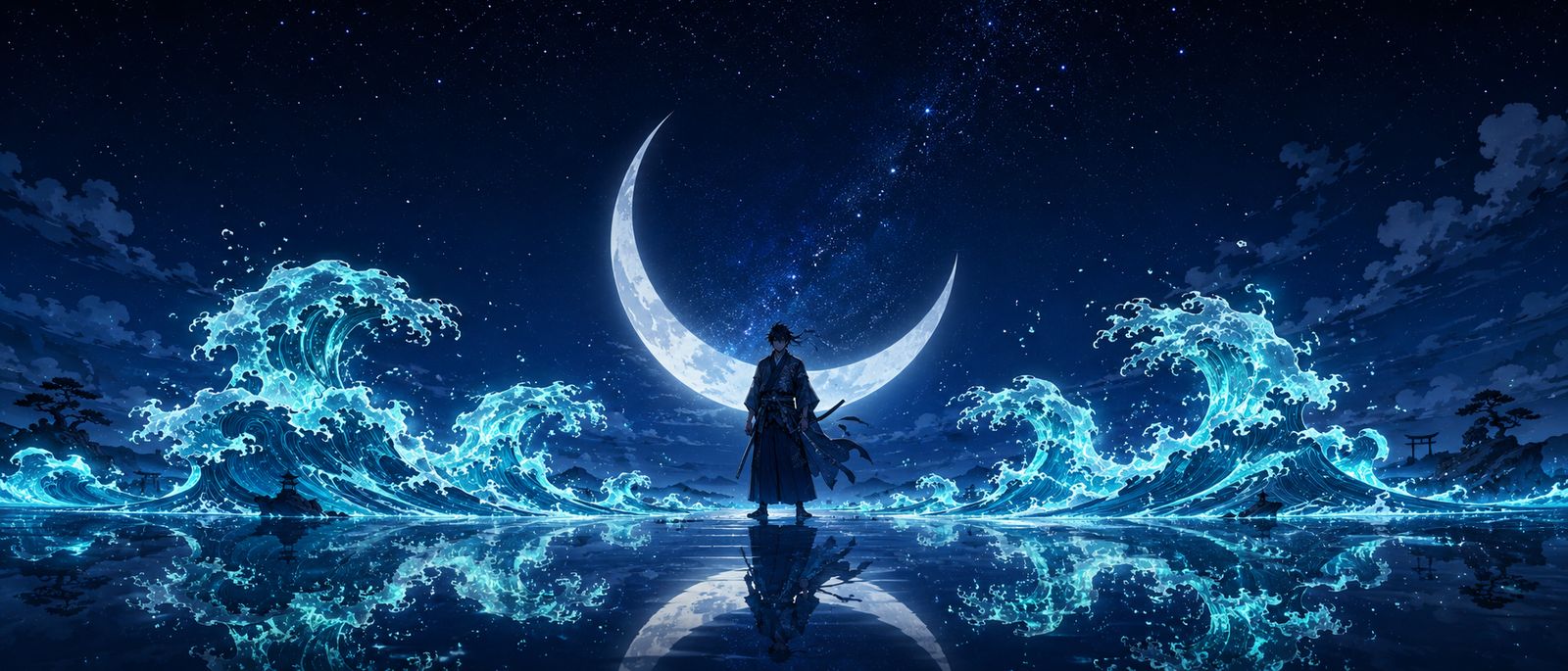 Anime Samurai Crescent Moon Wallpaper - Glowing Mystic Waves